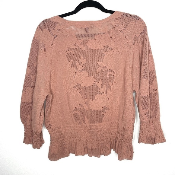 Express Lace Stitched Smocked Peplum Sweater Open Knit Rose Pink Romantic - Picture 6 of 9